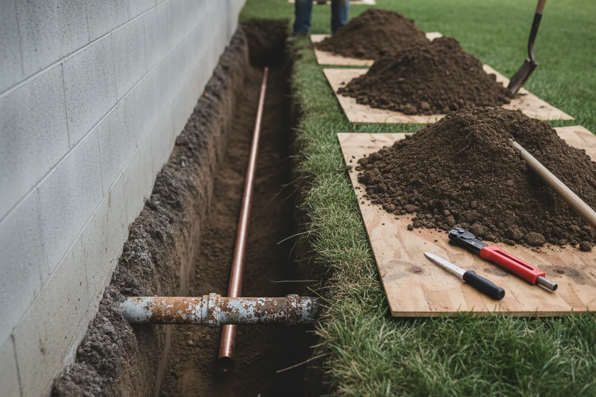 Excavated water line trench during Water Heater Repair in Gridley